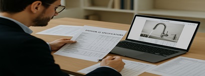 Architect reviewing kitchen fixture schedules and Division 22 specifications on a desk